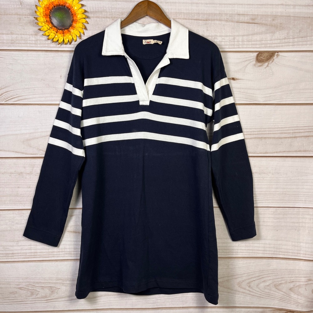 Faherty Navy Blue White Striped Rugby Shirt Dress Cotton Long Sleeve Small S